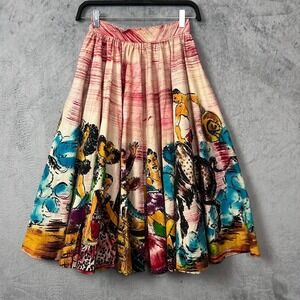 Vintage 1950s Western Novelty Cotton Full Skirt XS/Small Rhinestones Rodeo Print